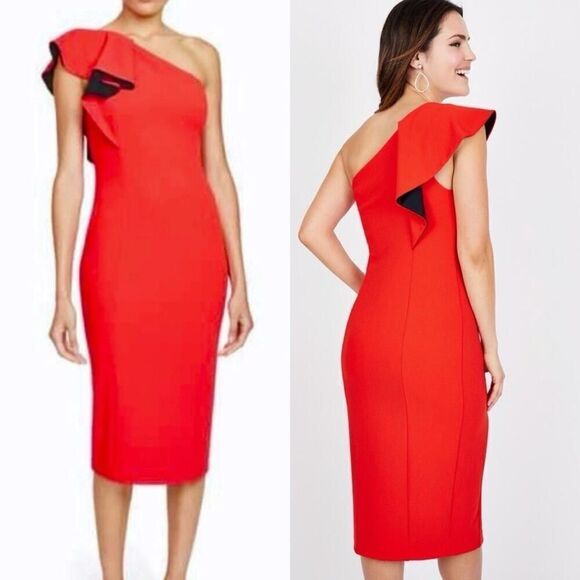 Rachel Roy Collection Flutter One Shoulder Sheath Dress Red Midi S - Picture 1 of 16